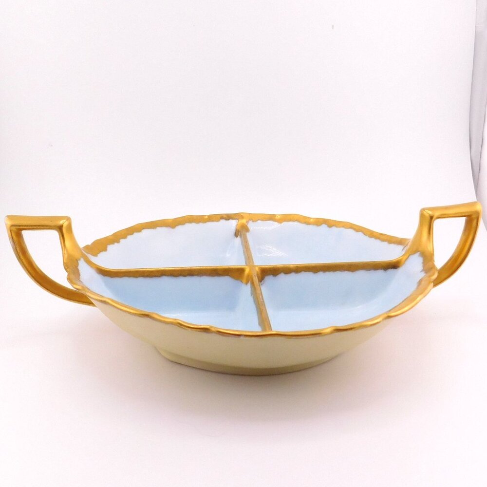 Bavaria Light Blue Divided Handled Gold Trim Candy Relish Dish Bowl Vintage
